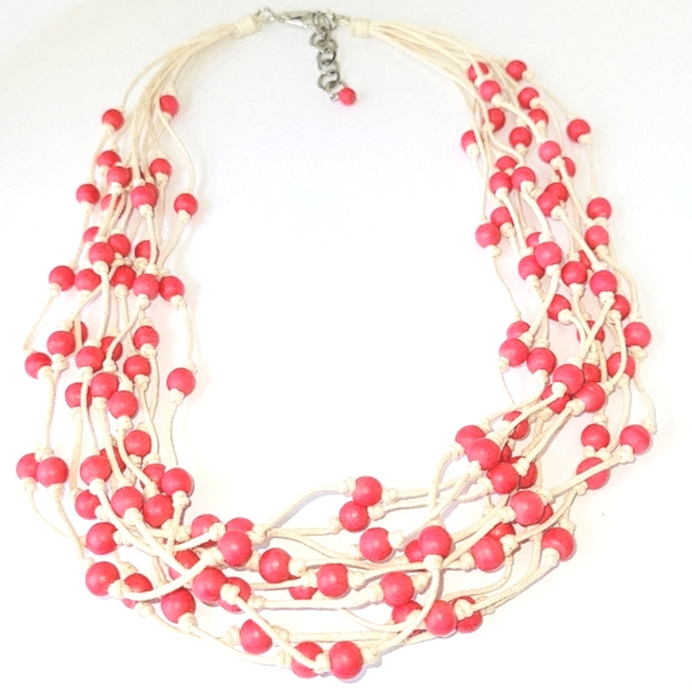 SALE!Hot Pink Wood Beads & Cotton Cord 24 in. Necklace  Silvertone Lobster Clasp
